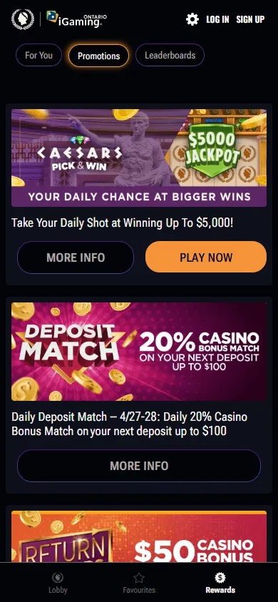 Caesars Casino mobile promotions area