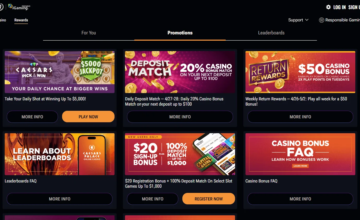 Caesars Casino desktop promotions area