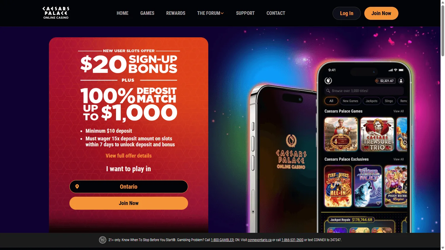 Caesars Casino desktop home interface